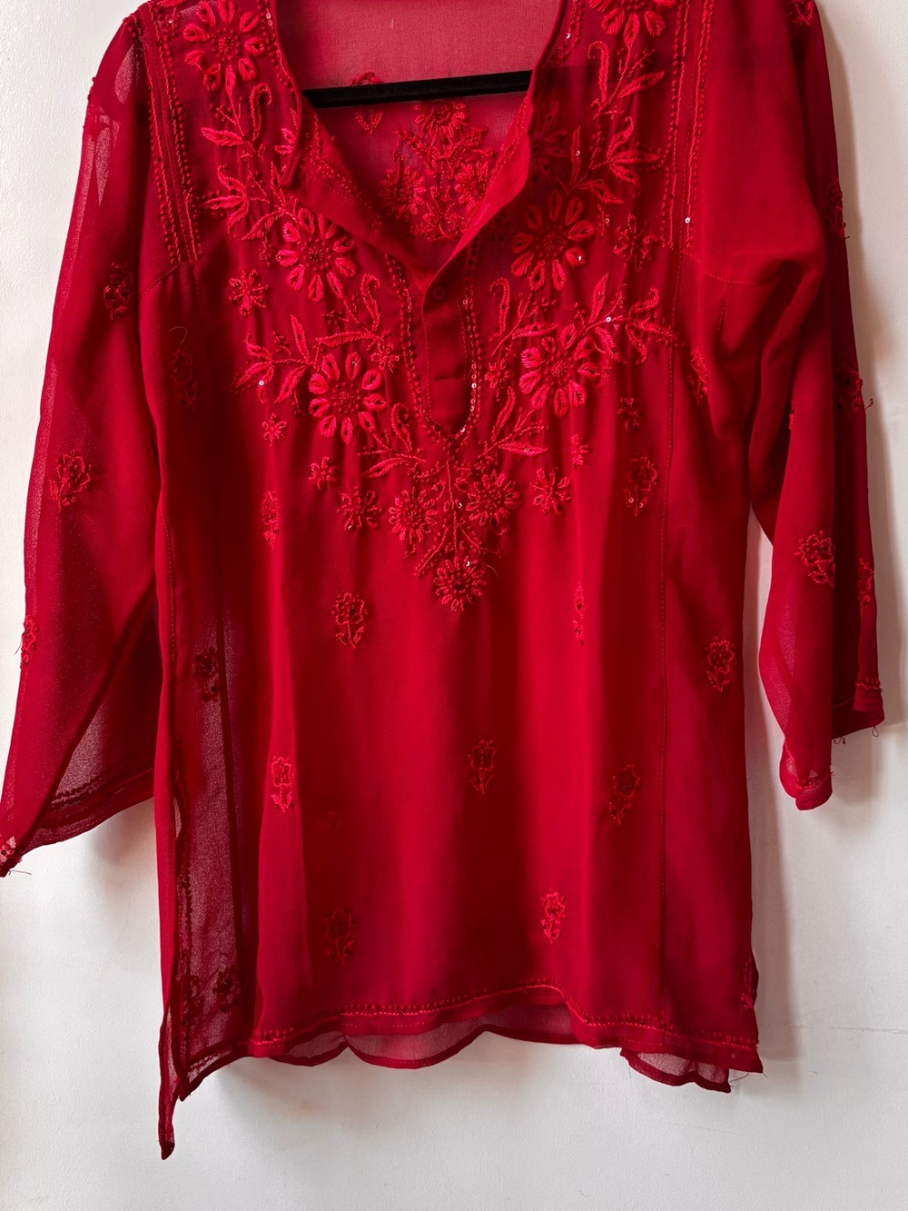 Women's Red Embroidered V-Neck Tunic Top - Brand Unknown